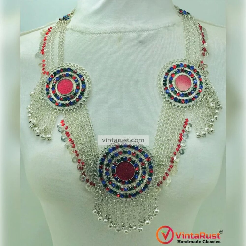Silver Kuchi Big Necklace, Gypsy Handmade Bib Necklace With Dangling Bells